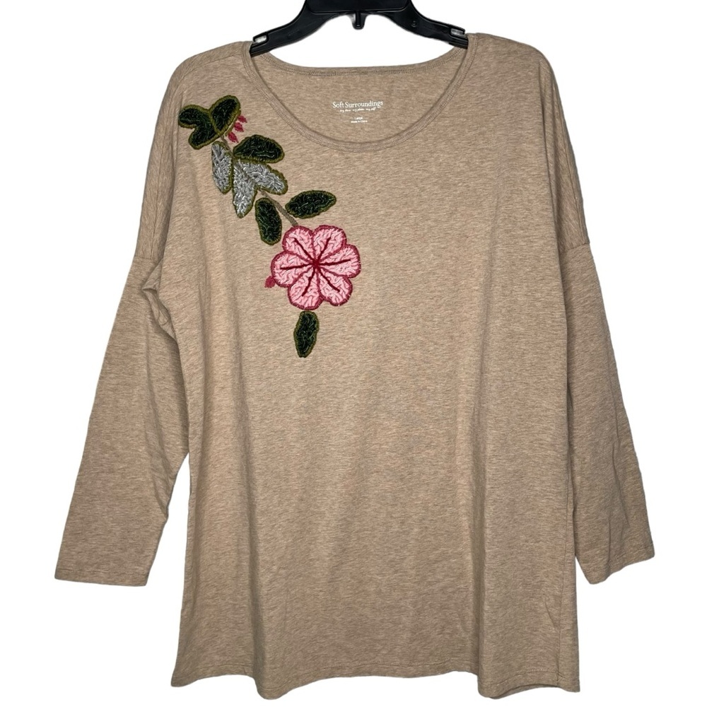 Soft surroundings floral appliqué 3/4 sleeve shirt brown pink women’s size large